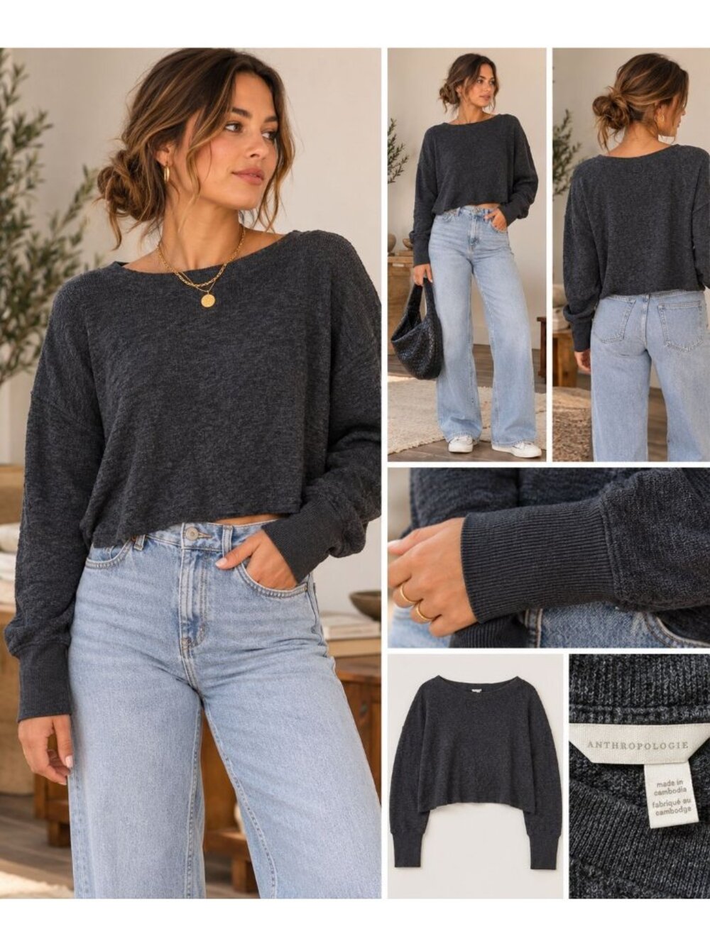 Anthropologie Black Long-Sleeve Lightweight Sweater W/ Ribbed Cuffs & Boat Neck